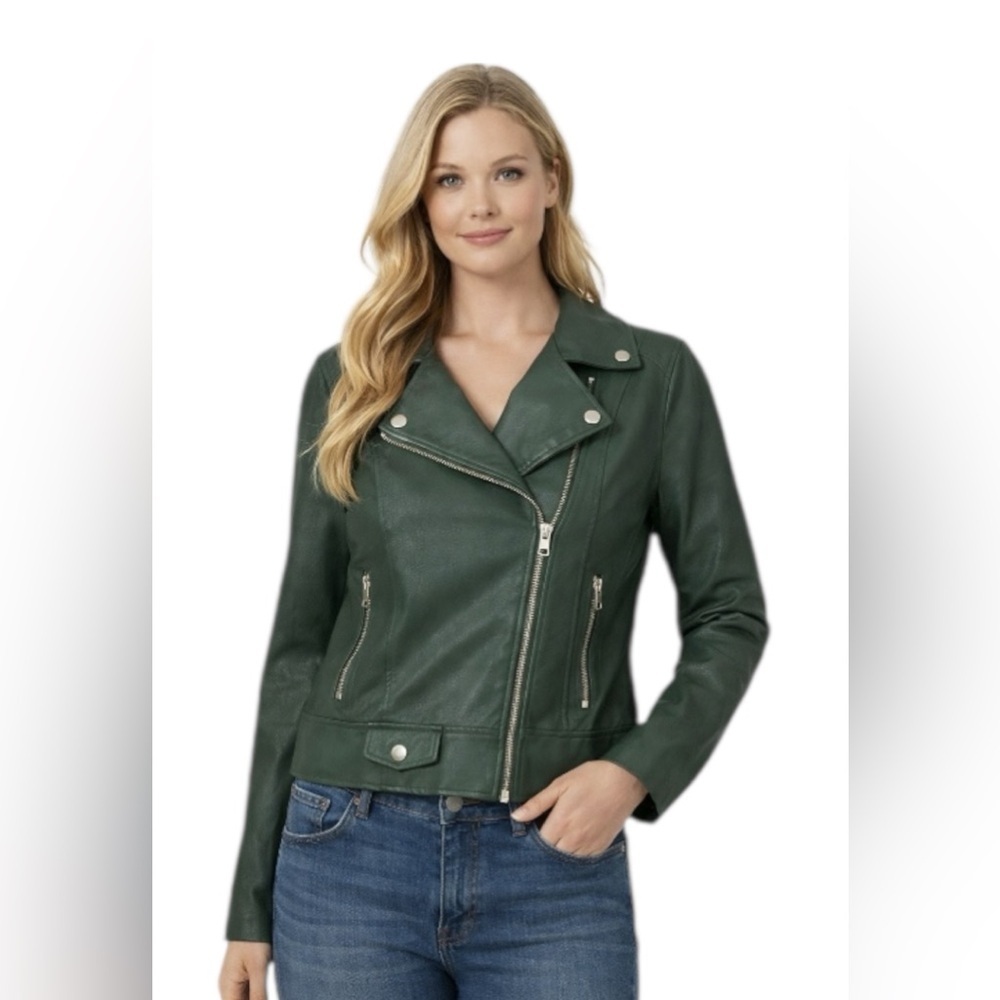 Vine & Valley Green Faux Leather Moto Jacket Zip Front Size S